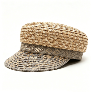 Casquette de marin en paille personnalisable à prix d'usine - Chapeau gavroche tissé bicolore avec logo, béret dôme sans bord en paille tissée - Product Image 2
