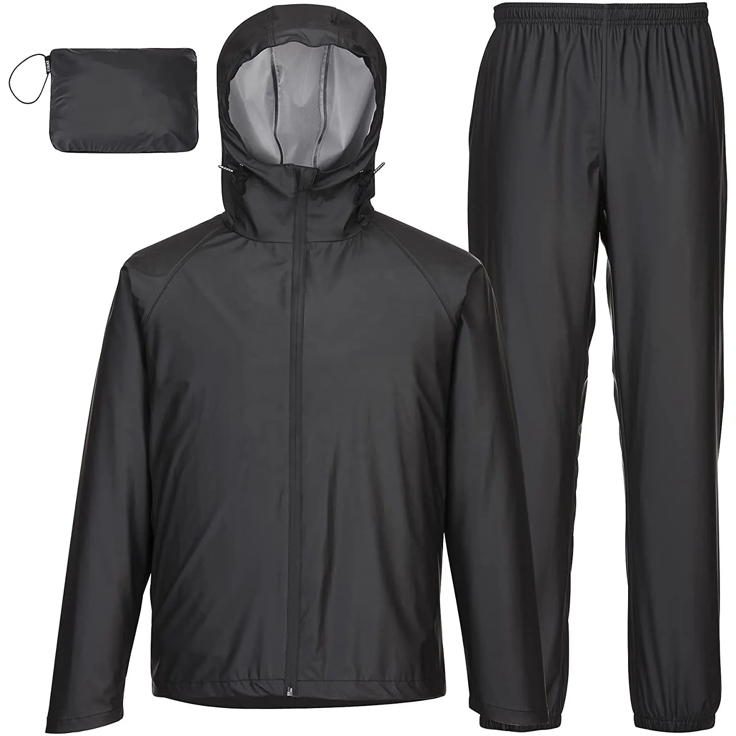 Classic Black Men's Rain Suits Waterproof Hooded Coats Jacket+Pants Rain Gear