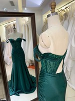 Robes de bal vert émeraude en gros 2026 – Robe de soirée sirène à épaules dénudées avec corset perlé – Fournisseur direct usine