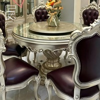 Ensemble de table à manger ronde avec 6 chaises, armoire à vin à 4 portes, style français de luxe, en acajou massif sculpté à la main, plateau tournant en verre trempé, villa
