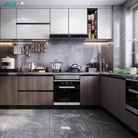 Meuble de cuisine modulaire AIS, design moderne, petit, complet, sur mesure, couleur marron, placage bois, stratifié MDF, robinet, Chine