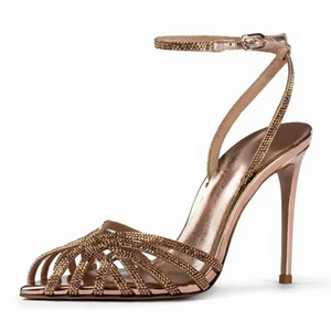 Nuova Tendenza Sandali con Tacco Alto da Donna, <span class=keywords><strong>Oro</strong></span> <span class=keywords><strong>Rosa</strong></span> con Strass, Punta Aperta e Cinturino alla Caviglia - Product Image 3