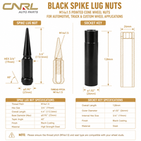 Écrous de roue à pointes noirs |   Écrous de roue coniques pointus M14x1.5 avec corps hexagonal pour applications automobiles, camions et roues personnalisées
