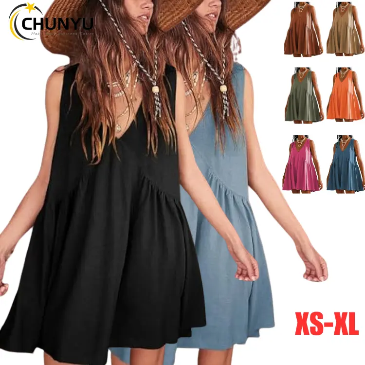 Women's Summer Loose Ruched V Neck Sleeveless Mini Dress Sundress with Pockets Cute Short Babydoll Dresses