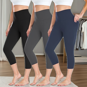 High Waist <b>Capri</b> <b>Leggings</b> Solid Color Knitted Stretch Breathable Tummy Control Women's <b>Leggings</b> All Seasons Basic Style - Product Image 2