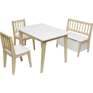 Juego de mesa y silla para niños, mesa de actividades de madera para niños pequeños con banco de almacenamiento de juguetes y 2 sillas para niños, escritorio de dibujo de artes de lectura