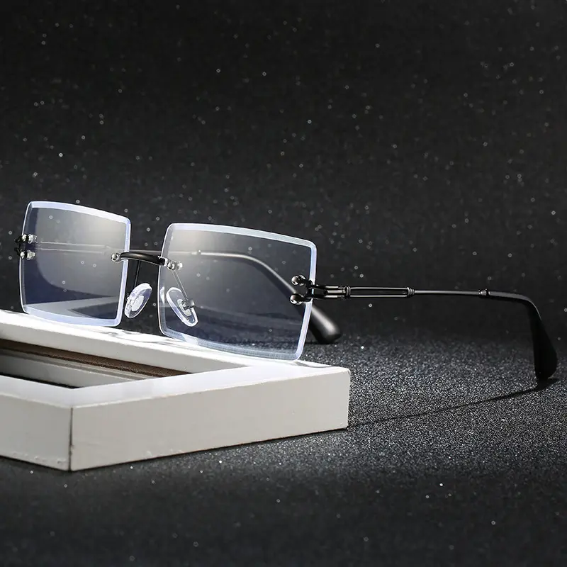 Rechthoek Vintage Unisex Cutting Edge Clear Optical Blocking Brillen Randloze Brillen Frameloos Blauw Licht Voor Mannen