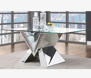 New fashion mirrored furniture high end rectangle mirrored dining table tempered glass on top with diamonds for kitchen