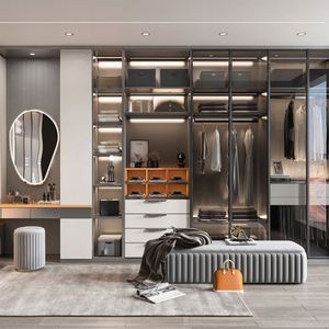 Armoire de rangement pour vêtements en bois de style moderne de luxe sur mesure, fabriquée à Foshan, avec portes en verre, dressing, dressing intégré - Product Image 3