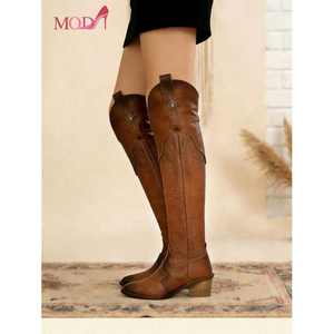 Botas de mujer Moda por encima de la rodilla, tacón grueso, bordadas, estilo casual para montar a caballo, estilo vacacional - Product Image 6