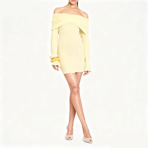 Vestido Mini Sem Alças de Manga Longa em Malha Canellada Amarelo Elegante Bodycon para o Dia a Dia no Outono - Product Image 3