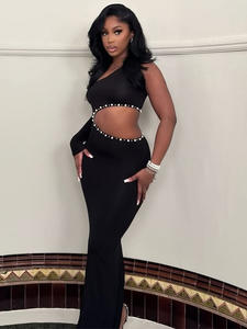 F1825 - Abito lungo da sera elegante da donna, monospalla, nero, con perline e cut-out, modello bodycon - Product Image 3