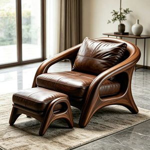 <span class=keywords><strong>Fauteuil</strong></span> en fibre de verre à cadre courbé en grain de noyer avec repose-pieds en cuir marron pour un espace de vie moderne - Product Image 5