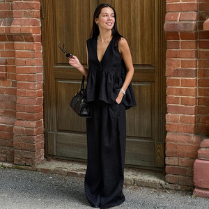 Women's 2 Piece Linen Outfit Sleeveless V Neck Peplum Top & Wide Leg <b>Pants</b> Set Casual <b>Summer</b> Tracksuit - Product Image 2