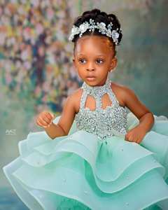 Mintgrüne Kindergeburtstagskleider, maßgeschneidert, hoher Kragen, kurzes Blumenmädchenkleid für Hochzeit, Baby-Mädchen, Abschlussball, Fotoshooting - Product Image 5