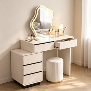 Coiffeuse moderne blanche avec miroir LED, meuble de rangement et tabouret pour chambre à coucher - Product Image 2