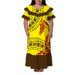 Abito Lungo Estivo Personalizzato all'Ingrosso Stile Hawaii con Collo Tondo e Stampa Polinesiana, Vestito da Donna con Doppia <span class=keywords><strong>Manica</strong></span> <span class=keywords><strong>Corta</strong></span> a Volant - Product Image 2