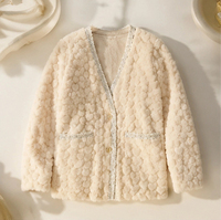Manteau mi-long en laine pour femme, col en V, motif cœur 3D en relief, garniture en tweed scintillant, boutons dorés, deux poches, coupe ample, vêtement d'extérieur d'hiver