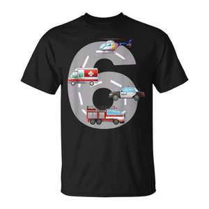 Camiseta de cumpleaños número 6 para niños con diseño de camión de bomberos y coche de policía, cuello redondo, manga corta, impresión digital - Product Image 1