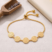 Bracelet Médaille Saint Benoît en Acier Inoxydable avec 5 Breloques Pièces de Monnaie, Chaîne Réglable, Vente en Gros Usine, Cadeau