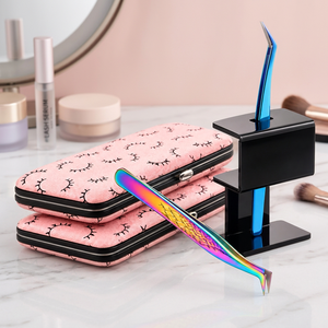 Precision Stainless Steel Eyelash Tweezers <b>Set</b> with <b>Pink</b> Case and Black Stand for Lash Extensions Beauty <b>Tool</b> - Product Image 4