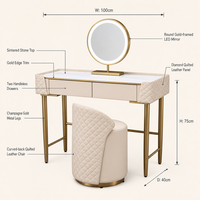 Ensemble de coiffeuse de luxe moderne avec miroir LED rond doré, plateau en marbre, tiroirs en cuir matelassé sans poignée et tabouret pour chambre à coucher