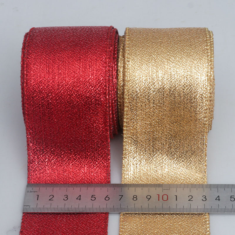 E-Magic Christmas 60mm Gold Glitter Wired Edge Ribbon Gold Silver Red Glitter Shiny Wired Ribbon for Gift Christmas Decoration