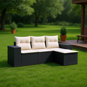 Ensemble de canapés de jardin noir et crème, meubles en rotin d'extérieur avec coussins en mousse haute densité, design contemporain imperméable - Product Image 2