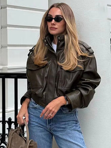ZEVITY 2026 <strong>Women</strong> Faux Leather Spring Autumn Short Cropped Vintage Bomber <strong>Jacket</strong> with Pockets Long Sleeve Zipper Closure PU Tops - Product Image 5