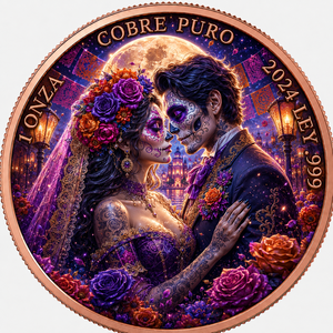 Moneta da collezione rotonda in rame puro .999 Ley da 1 onza, a tema Coppia Catrina, Matrimonio al Chiaro di Luna, <span class=keywords><strong>Giorno</strong></span> dei Morti, color rame - Product Image 1