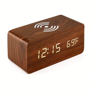 Horloge de table intelligente avec affichage numérique de la température et de l'humidité, design en bois, charge sans fil, pour la décoration de la maison, salon - Product Image 4