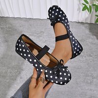 Chaussures plates Mary Jane à pois pour femmes, ballerines à bout rond avec nœud décoratif et bride élastique, chaussures habillées vintage en satin à talon bas