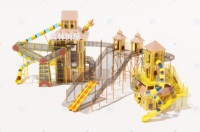 Structure de jeu personnalisée en forme de maison dans les arbres avec plusieurs tours, toboggan et filet de cordes pour parc à thème commercial