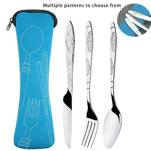 Kustom portabel 3 buah pisau sendok garpu makan malam Set alat makan keluarga bepergian berkemah Set peralatan makan Set peralatan makan piknik dengan kantong