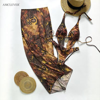AMCLEVER 2026 Robe de plage imprimée à bretelles avec jupe transparente, maillot de bain 3 pièces pour femme, vacances à la plage, logo personnalisé OME