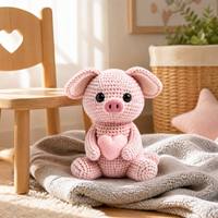 Peluche cochon en forme de cœur, style tricoté à la main, adorable et réconfortante
