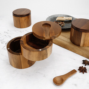 Pot à sel en bois d'acacia avec couvercle et cuillère, organisateur de rangement simple couche pour épices, idéal pour le dropshipping Shopify - Product Image 6
