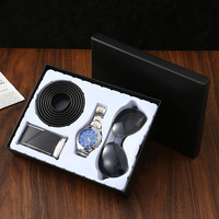 Ensemble cadeau fantaisie pour homme en 5 pièces, montre en acier, ceinture en cuir et boucle, boîte cadeau - Café/Noir