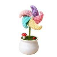 Petit moulin à vent en crochet fait main, plante en pot blanche, décoration de bureau, ornement de maison, fleur tricotée, cadeau artisanal