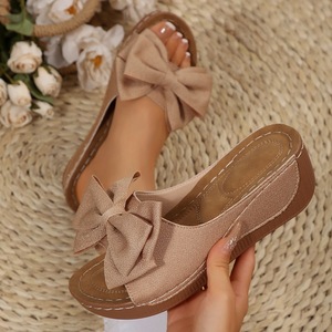 Plus Size Summer Wedge <b>Slippers</b> for Outdoor Wear Fashionable Bow Thick Sole One-strap PU Upper New Fish Mouth Sandals Women sand - Product Image 5