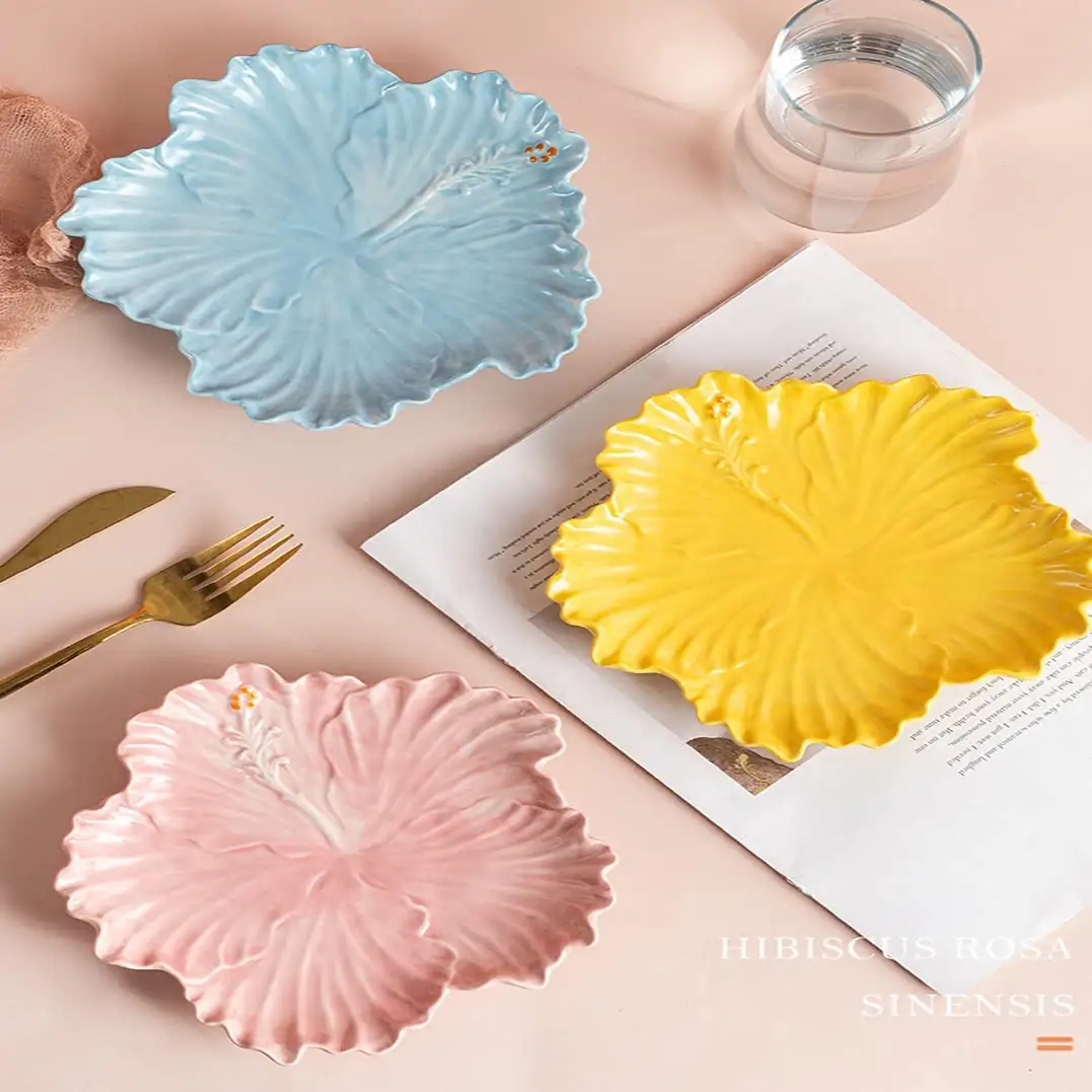 Set 4 pola bunga keramik piring makan malam dengan desain Hibiscus untuk permen warna-warni porselen makanan penutup melayani nampan