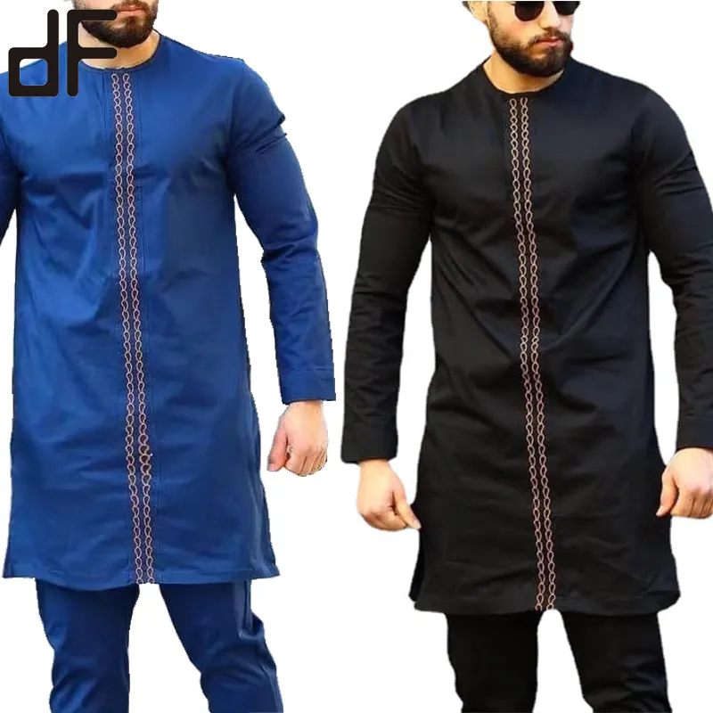 थोक ईद मुस्लिम प्लस आकार M-4XL लंबी आस्तीन लंबी लंबाई इस्लामी पुरुषों शर्ट दौर गर्दन कपास कढ़ाई इस्लाम शर्ट
