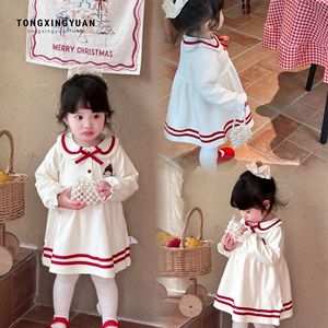 Child Star Circle Spring Retro School Style Baby Girl Dress With <b>Bow</b> Full Sleeve White <b>Red</b> Trim Flower Girl Dress - Product Image 1