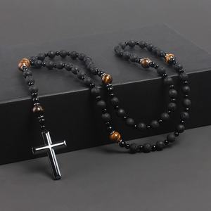 Mecrt Christianity <span class=keywords><strong>rosario</strong></span> uomo <span class=keywords><strong>collana</strong></span> Cross-religiosa <span class=keywords><strong>con</strong></span> roccia vulcanica nera naturale giallo occhio di tigre perle di pietra di ferro - Product Image 6
