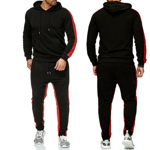 Chándal con Capucha para Hombre, Negro con Rayas Rojas, Manga Larga, Cierre con Cordón, Bolsillos Laterales, Corte Regular, Ropa Deportiva Casual de Otoño - Product Image 1