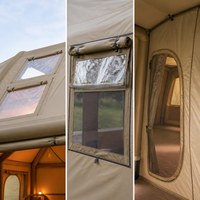 Tente Cabine Gonflable en Toile Kaki 17,28 m² 3,6x4,8x2,3m avec Portes AB, Fenêtres en Mélange de Coton, Tente Gonflable pour 7-10 Personnes, Glamping Familial