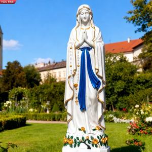 YOUFINE 가톨릭 종교 실물 크기 기도에 묵주와 장미가 있는 흰색 대리석 성소 루르드 조각 - Product Image 1