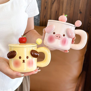 Cute Pig Ceramic Mug With Lid And Spoon <b>Pink</b> Cartoon Design For Coffee Water Home Office Use Gift For Women Men - Product Image 3