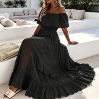 Robe midi noire à épaules dénudées, brodée de dentelle, taille naturelle, style bohème, coupe régulière, robe d'été décontractée pour femme