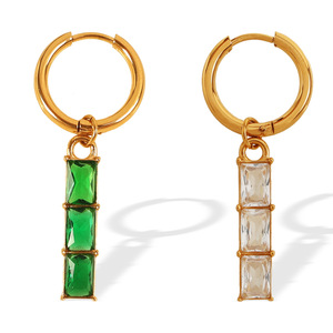 Geometric Hoop <b>Earrings</b> With Rectangular Zircon Stones Bezel Setting For Party Women <b>Gold</b> Tone <b>Dangle</b> <b>Earrings</b> - Product Image 5